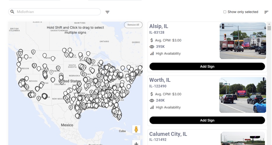 Billboard advertising in Midlothian Il, Illinois - Choose your favorite location