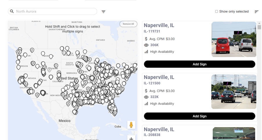 Billboard advertising in North Aurora Il, Illinois - Choose your favorite location