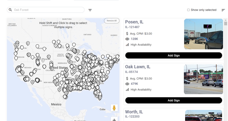 Billboard advertising in Oak Forest Il, Illinois - Choose your favorite location