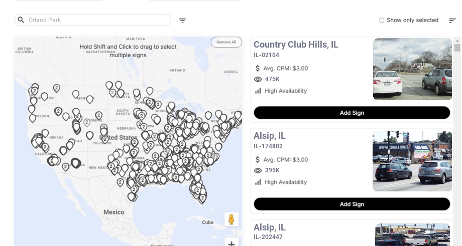 Billboard advertising in Orland Park Il, Illinois - Choose your favorite location