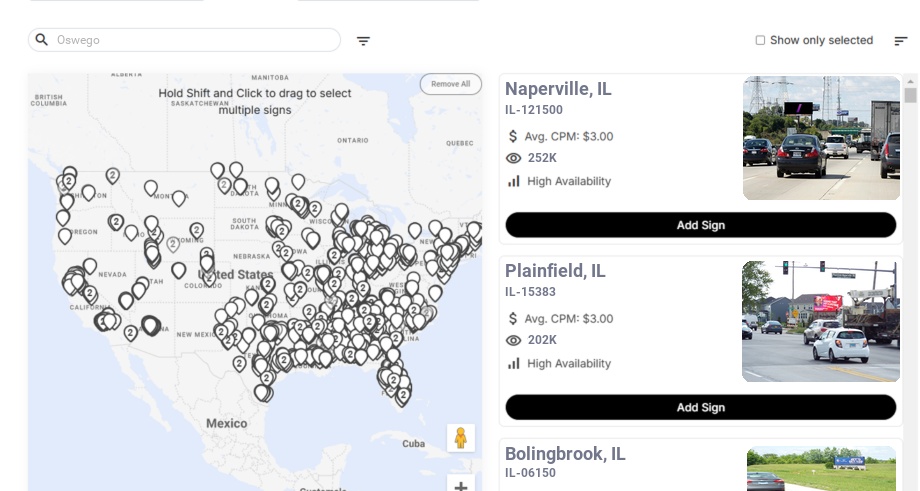 Billboard advertising in Oswego Il, Illinois - Choose your favorite location
