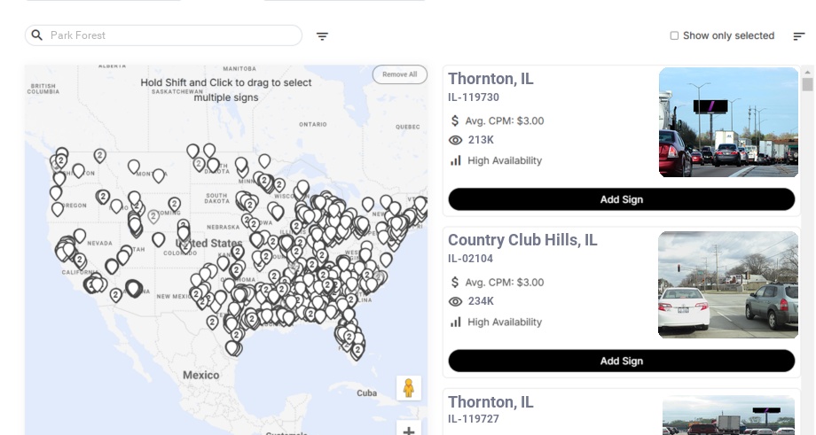 Billboard advertising in Park Forest Il, Illinois - Choose your favorite location