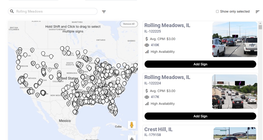 Billboard advertising in Rolling Meadows Il, Illinois - Choose your favorite location