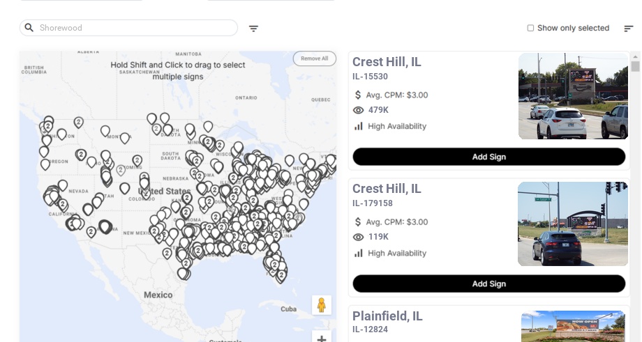 Billboard advertising in Shorewood Il, Illinois - Choose your favorite location