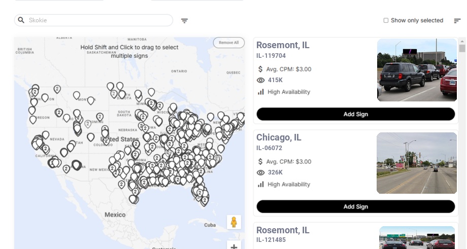 Billboard advertising in Skokie Il, Illinois - Choose your favorite location