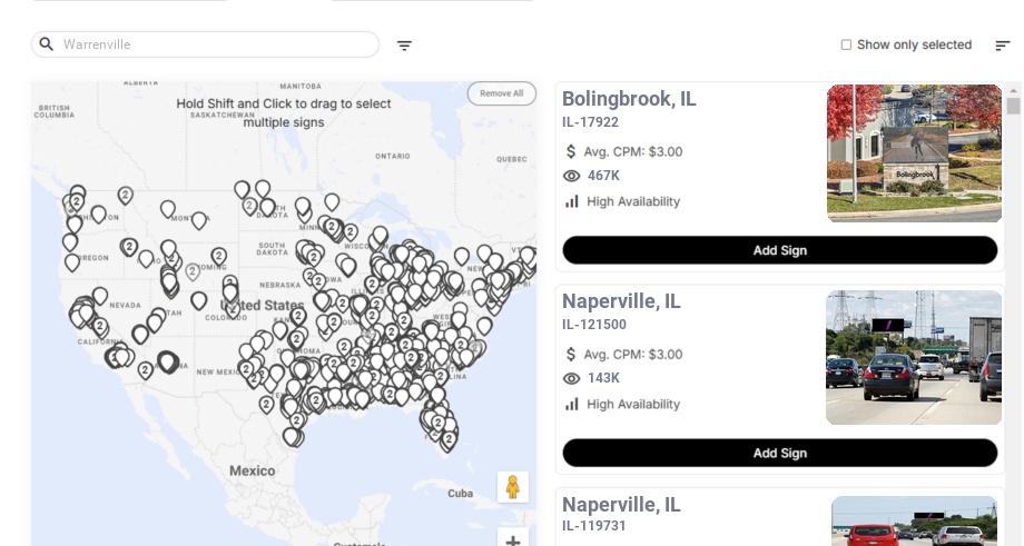 Billboard advertising in Warrenville Il, Illinois - Choose your favorite location