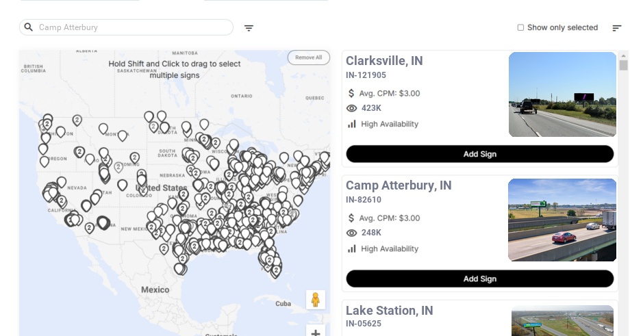 Billboard advertising in Camp Atterbury, Indiana - Choose your favorite location