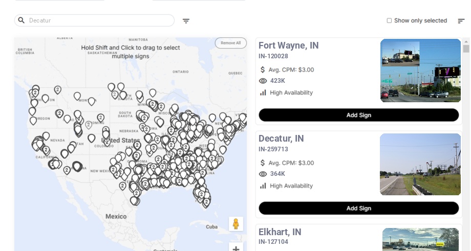 Billboard advertising in Decatur In, Indiana - Choose your favorite location