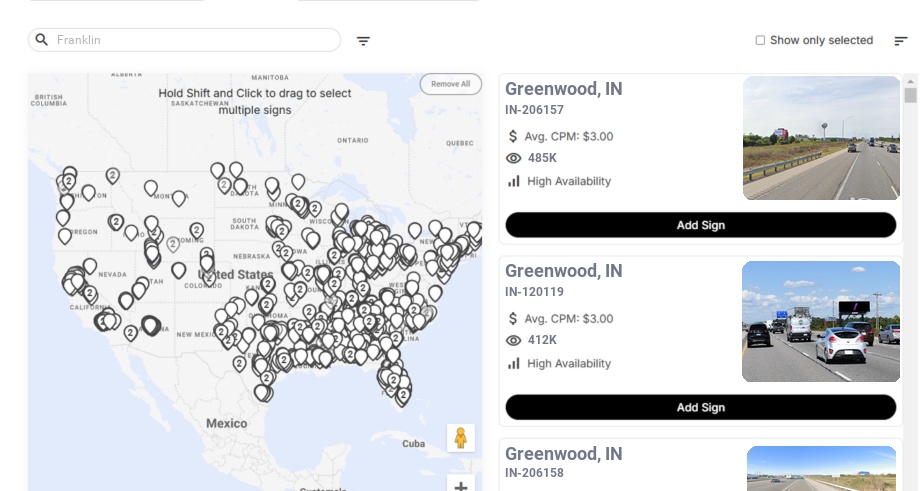 Billboard advertising in Franklin In, Indiana - Choose your favorite location