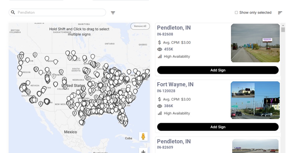 Billboard advertising in Pendleton In, Indiana - Choose your favorite location