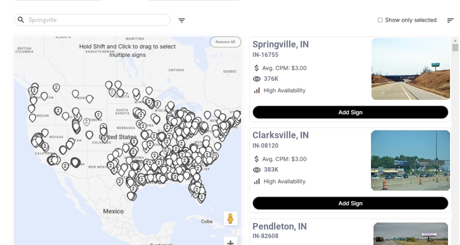 Billboard advertising in Springville In, Indiana - Choose your favorite location