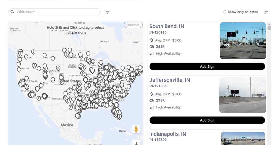 Billboard advertising in Whitestown In, Indiana - Choose your favorite location