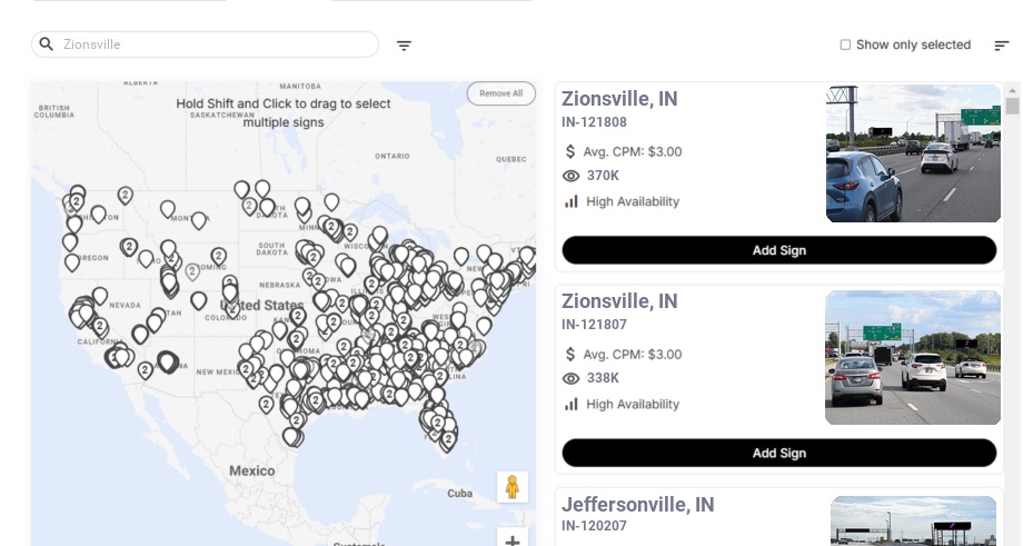 Billboard advertising in Zionsville In, Indiana - Choose your favorite location