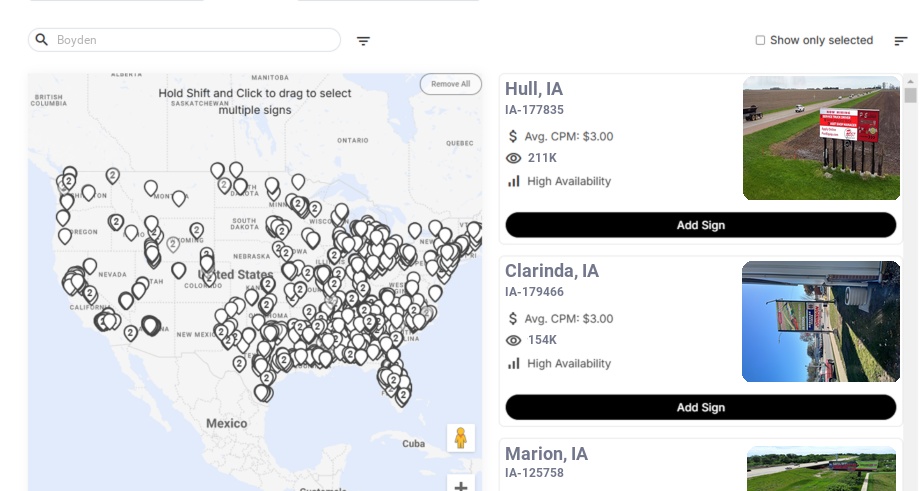 Billboard advertising in Boyden Ia, Iowa - Choose your favorite location