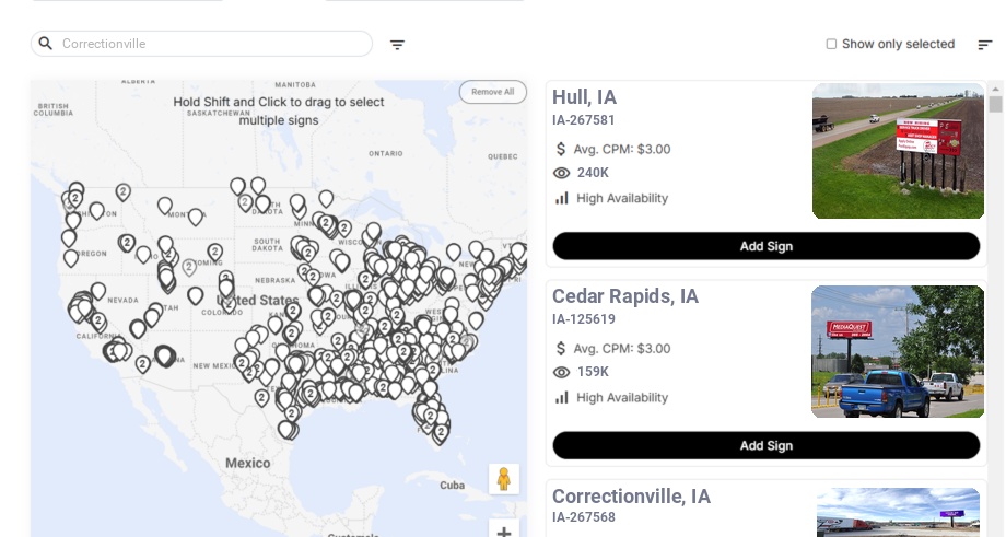 Billboard advertising in Correctionville Ia, Iowa - Choose your favorite location