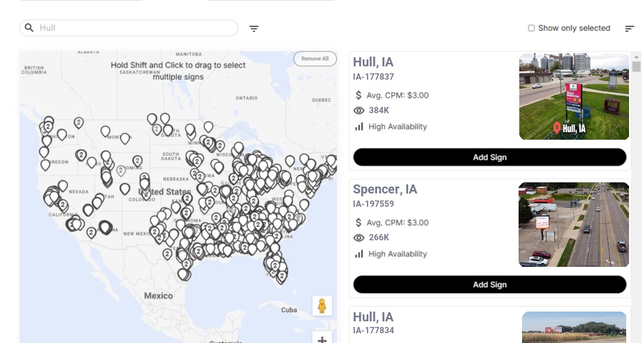 Billboard advertising in Hull Ia, Iowa - Choose your favorite location