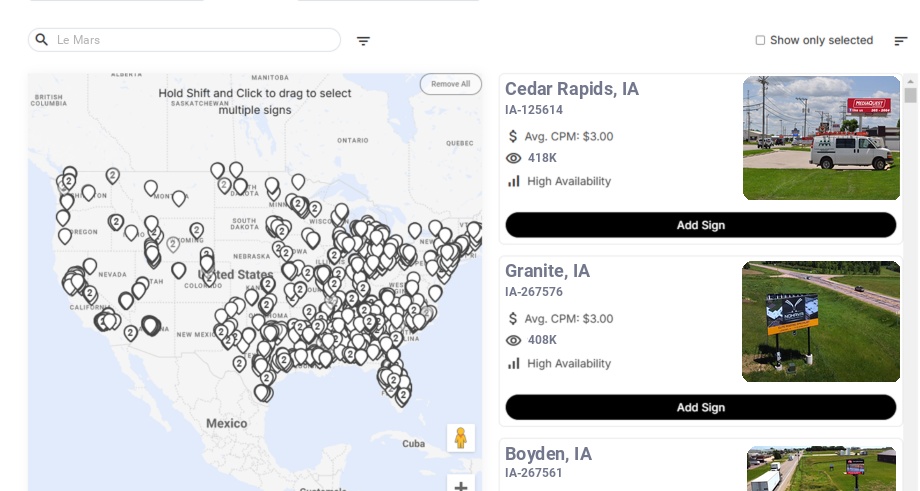 Billboard advertising in Le Mars Ia, Iowa - Choose your favorite location
