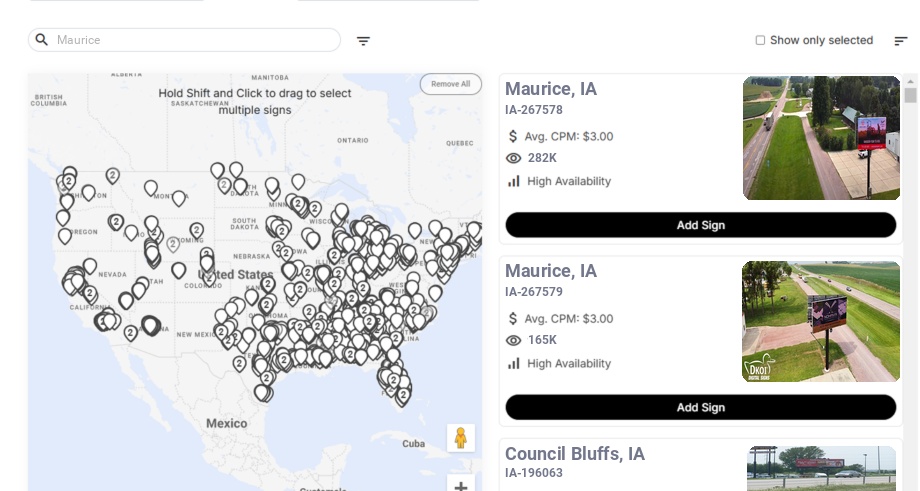Billboard advertising in Maurice Ia, Iowa - Choose your favorite location