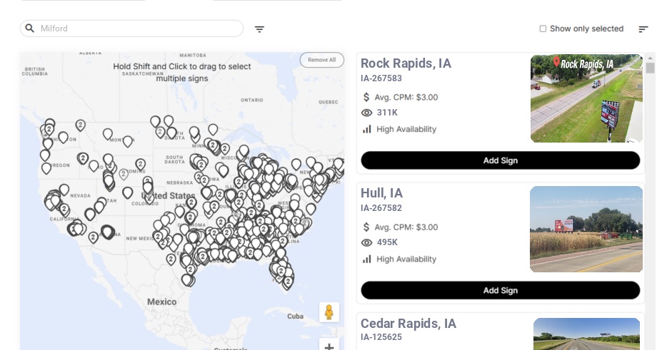 Billboard advertising in Milford Ia, Iowa - Choose your favorite location