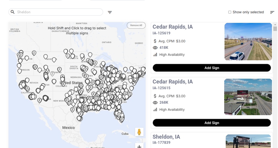 Billboard advertising in Sheldon Ia, Iowa - Choose your favorite location