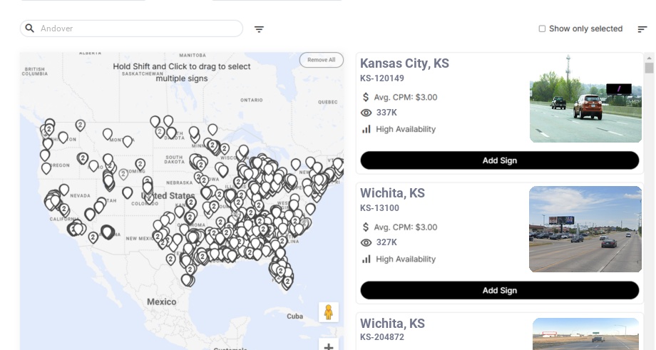 Billboard advertising in Andover, Kansas - Choose your favorite location