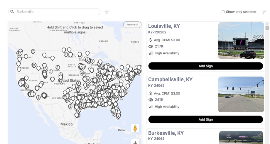 Billboard advertising in Burkesville, Kentucky - Choose your favorite location
