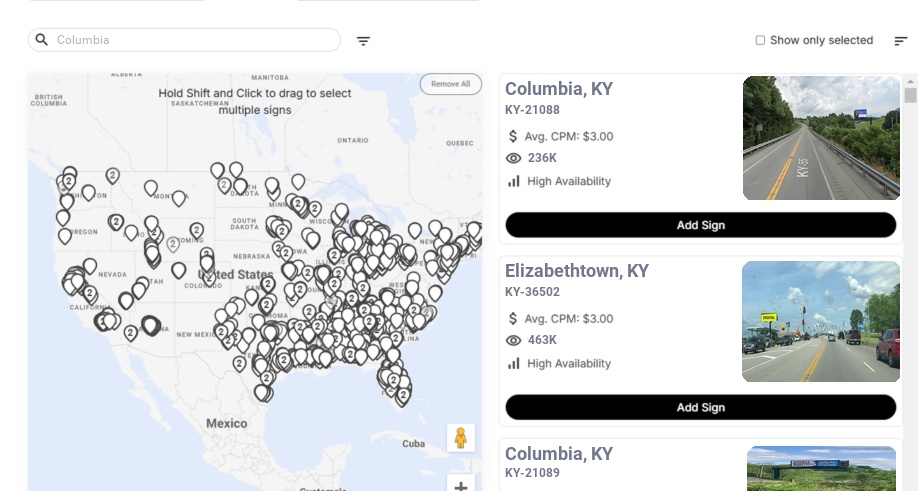 Billboard advertising in Columbia Ky, Kentucky - Choose your favorite location