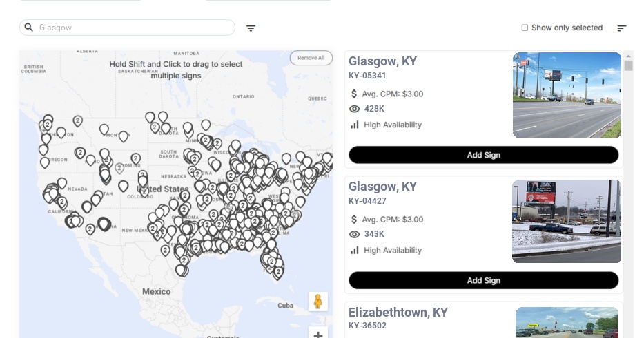 Billboard advertising in Glasgow, Kentucky - Choose your favorite location