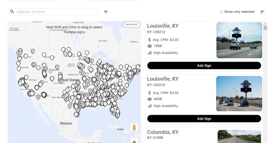 Billboard advertising in Lebanon Junction, Kentucky - Choose your favorite location