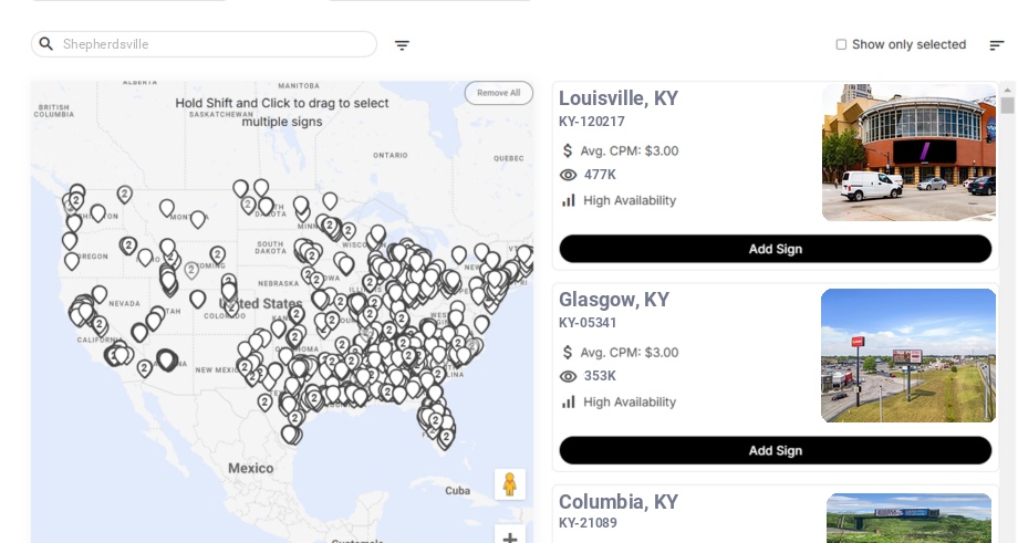 Billboard advertising in Shepherdsville, Kentucky - Choose your favorite location