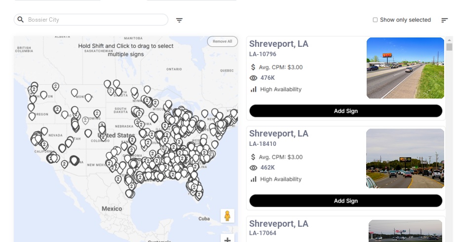Billboard advertising in Bossier City La, Louisiana - Choose your favorite location