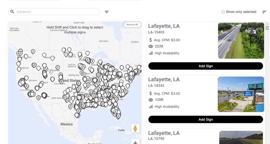 Billboard advertising in Carencro La, Louisiana - Choose your favorite location