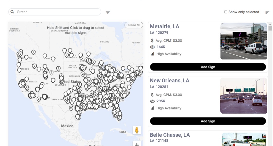 Billboard advertising in Gretna La, Louisiana - Choose your favorite location