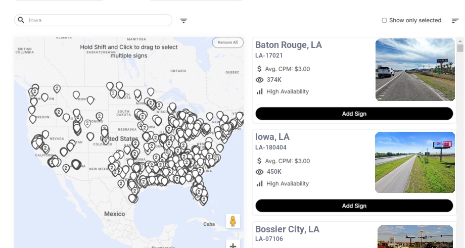 Billboard advertising in Iowa, Louisiana - Choose your favorite location