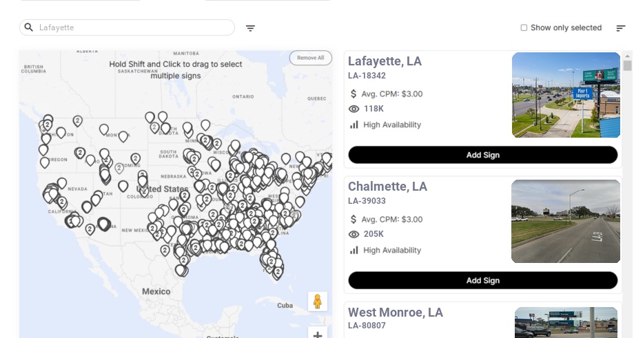 Billboard advertising in Lafayette, Louisiana - Choose your favorite location
