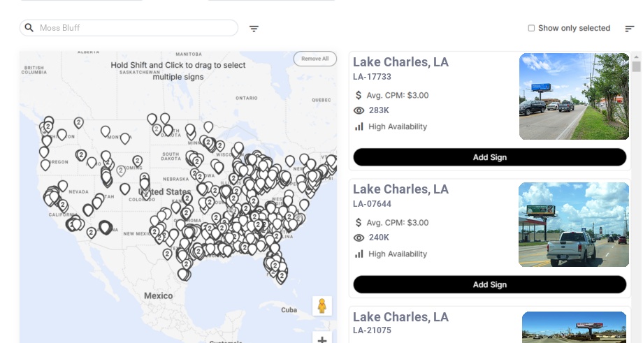 Billboard advertising in Moss Bluff, Louisiana - Choose your favorite location