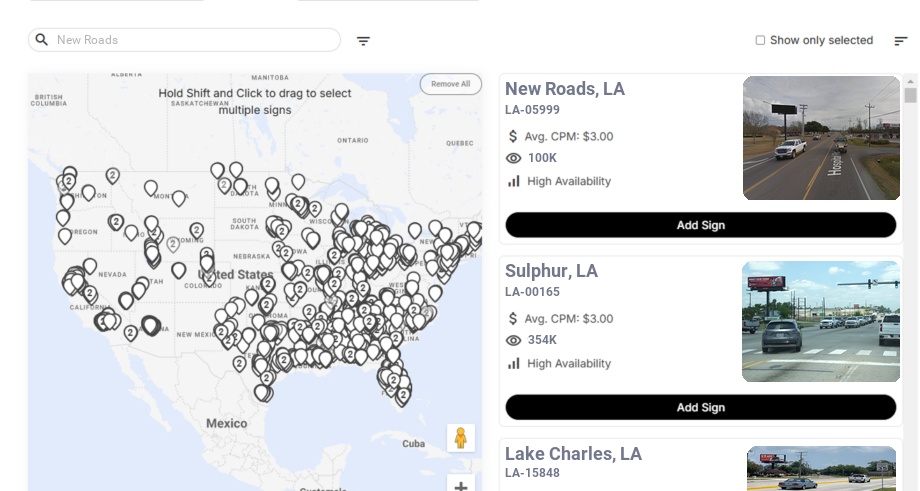 Billboard advertising in New Roads La, Louisiana - Choose your favorite location