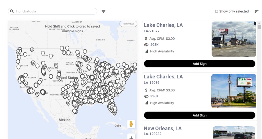 Billboard advertising in Ponchatoula La, Louisiana - Choose your favorite location