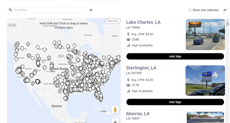 Billboard advertising in Port Allen La, Louisiana - Choose your favorite location
