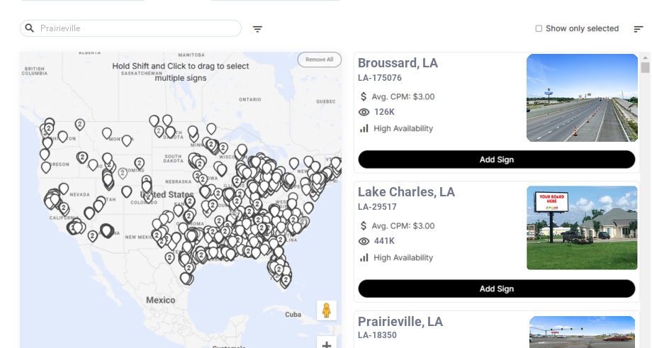 Billboard advertising in Prairieville La, Louisiana - Choose your favorite location