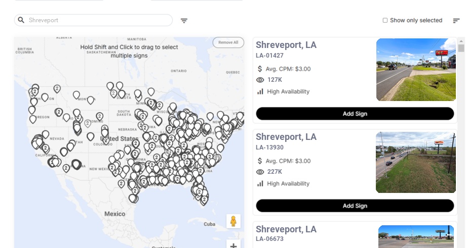 Billboard advertising in Shreveport, Louisiana - Choose your favorite location