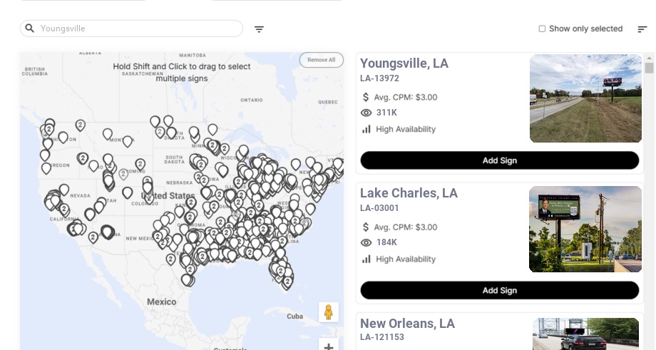 Billboard advertising in Youngsville, Louisiana - Choose your favorite location