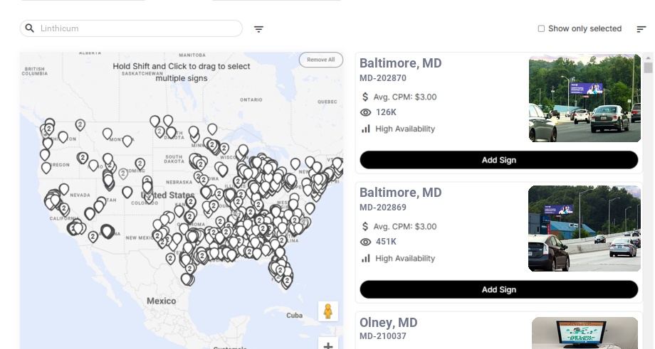 Billboard advertising in Linthicum Md, Maryland - Choose your favorite location