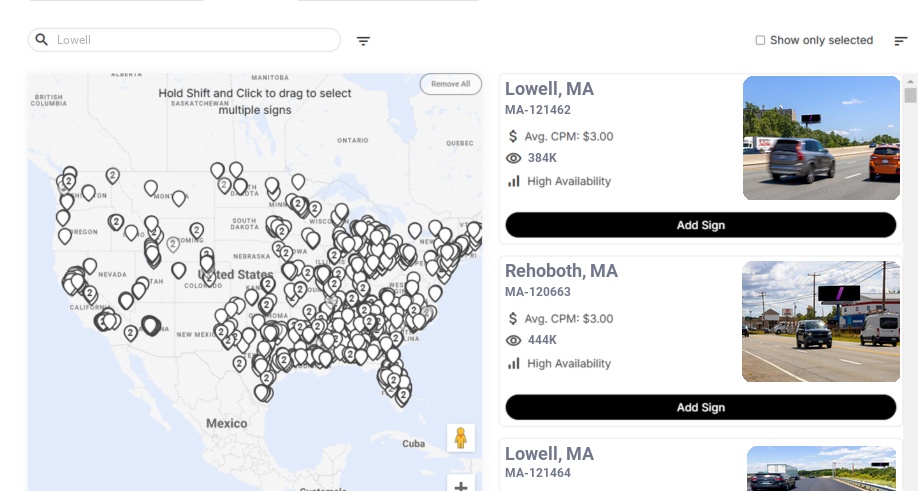 Billboard advertising in Lowell, Massachusetts - Choose your favorite location