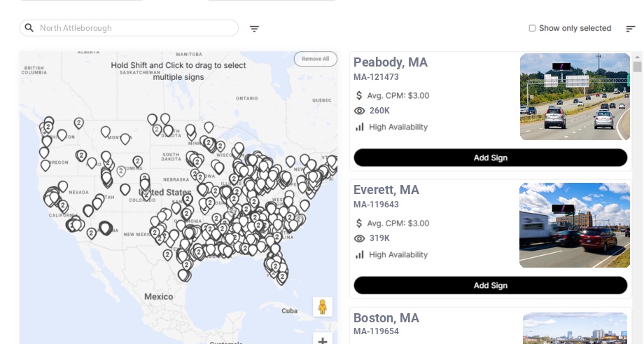 Billboard advertising in North Attleborough Ma, Massachusetts - Choose your favorite location