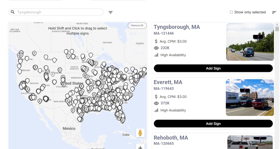 Billboard advertising in Tyngsborough Ma, Massachusetts - Choose your favorite location