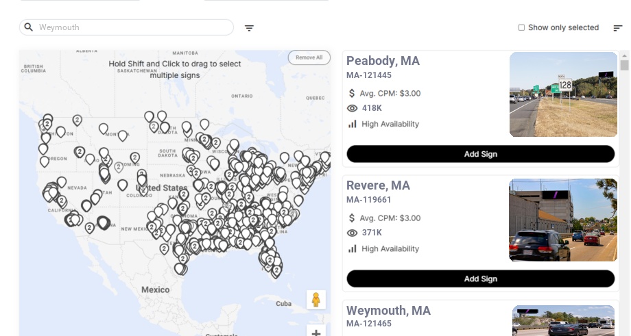 Billboard advertising in Weymouth Ma, Massachusetts - Choose your favorite location