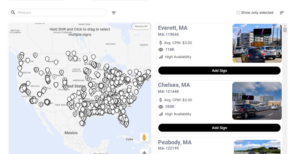 Billboard advertising in Woburn Ma, Massachusetts - Choose your favorite location