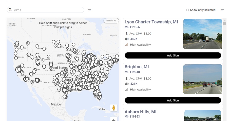 Billboard advertising in Alma Mi, Michigan - Choose your favorite location