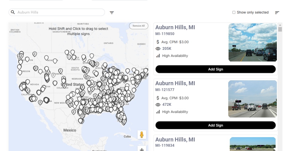 Billboard advertising in Auburn Hills Mi, Michigan - Choose your favorite location